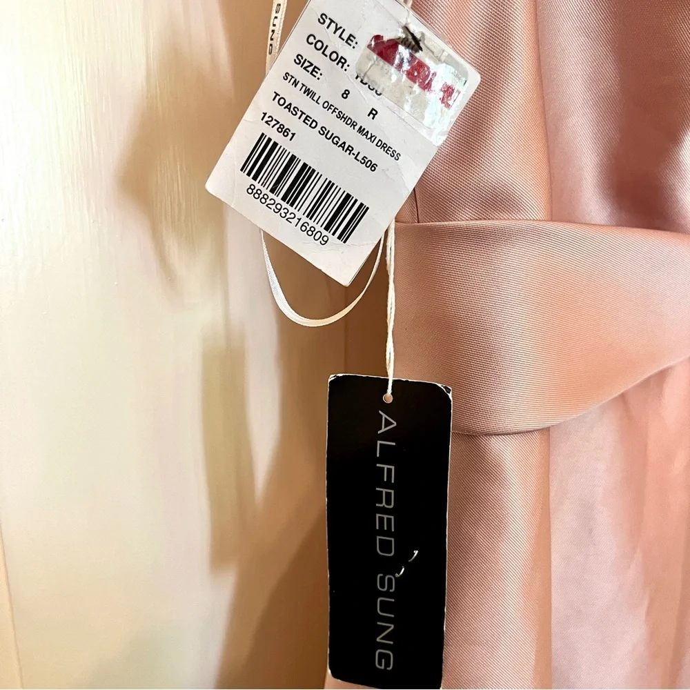 ALFRED SUNG Off-the-Shoulder Draped Wrap Satin Maxi Dress Toasted Sugar 8 AS IS - Picture 8 of 11